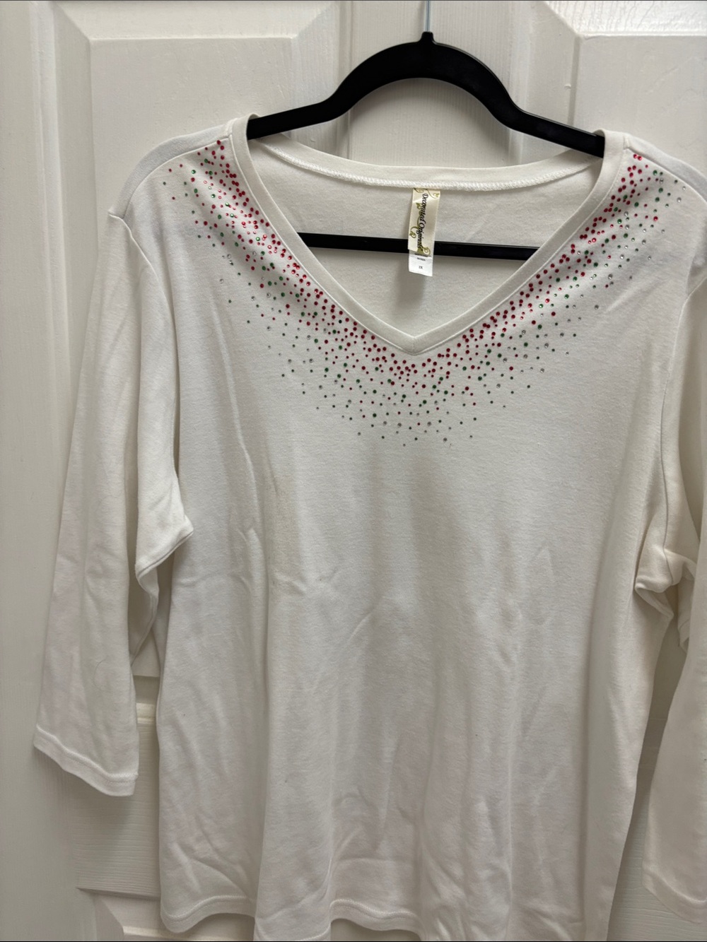 Women’s White V-Neck Top with Pink & Green Accent